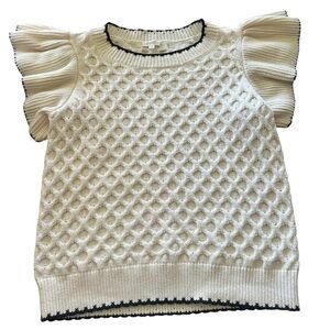 ODDY Open Knit Diamond Pattern Short Ruffle Sleeve Sweater Womens Medium Cream